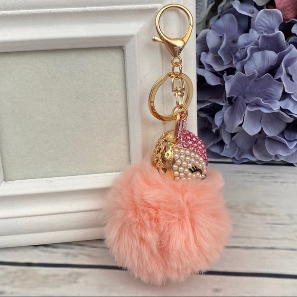 Crystal & Pearl Fox Pale Pink Pom Pom Keychain - Picture 11 of 16